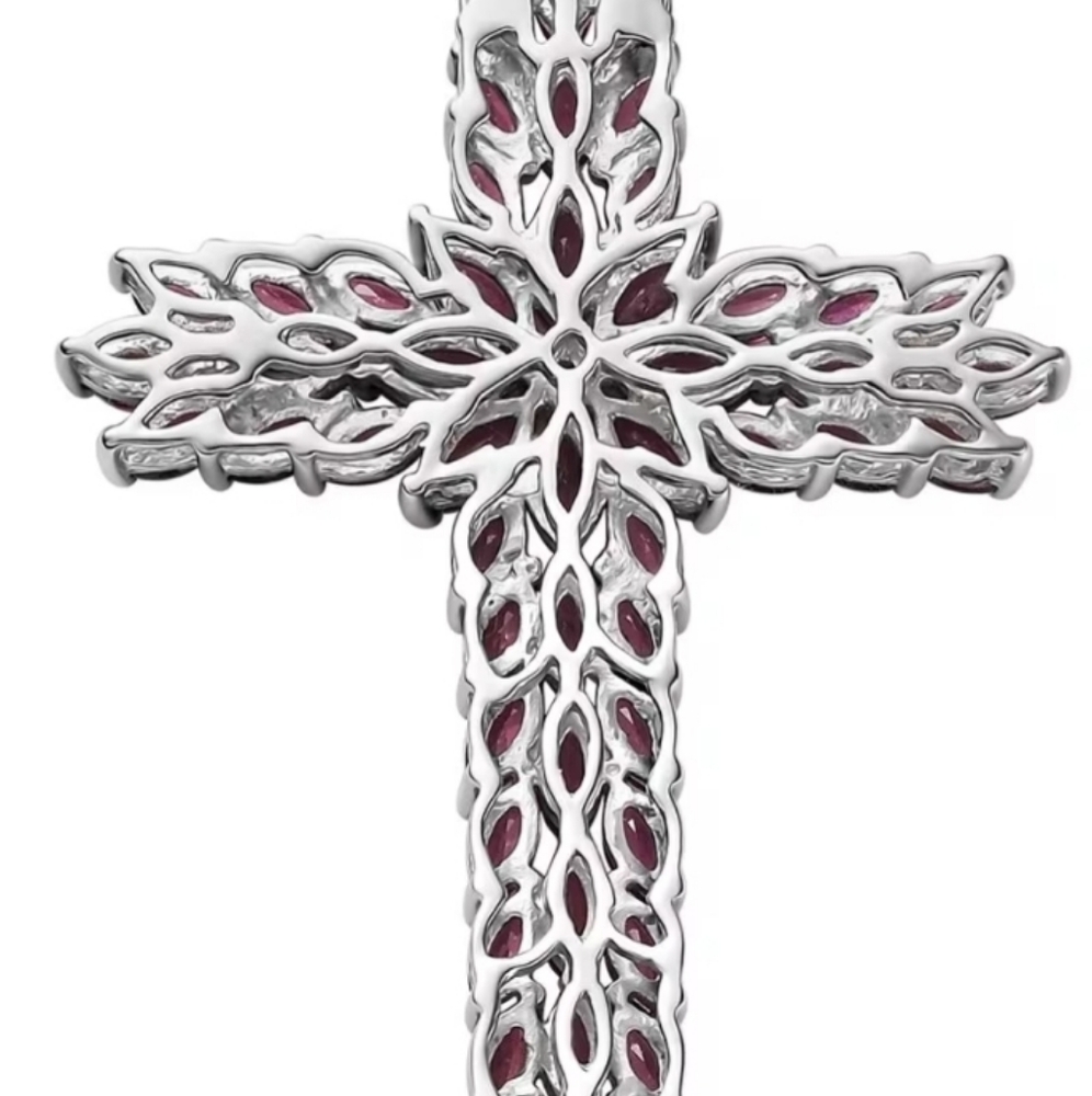 Genuine 10.40 CT Rhodolite Garnet Cross  Platinum  Sterling Silver 24" Chain! - Picture 4 of 8
